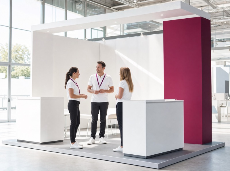 Offener Messestand mit magentafarbener Säule und drei Personen im Gespräch