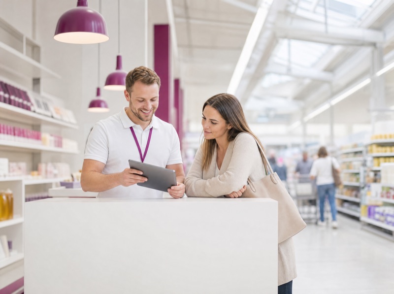 Beratungsgespräch mit Tablet an einem weißen Stand in einem hellen Supermarkt