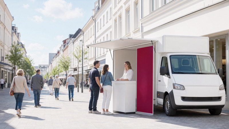 Promotion-Truck mit Beratungstresen und magentafarbenem Paneel in einer Fußgängerzone