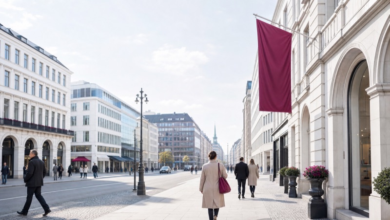 Elegante Einkaufsstraße mit hellen Fassaden und magentafarbener Fahne